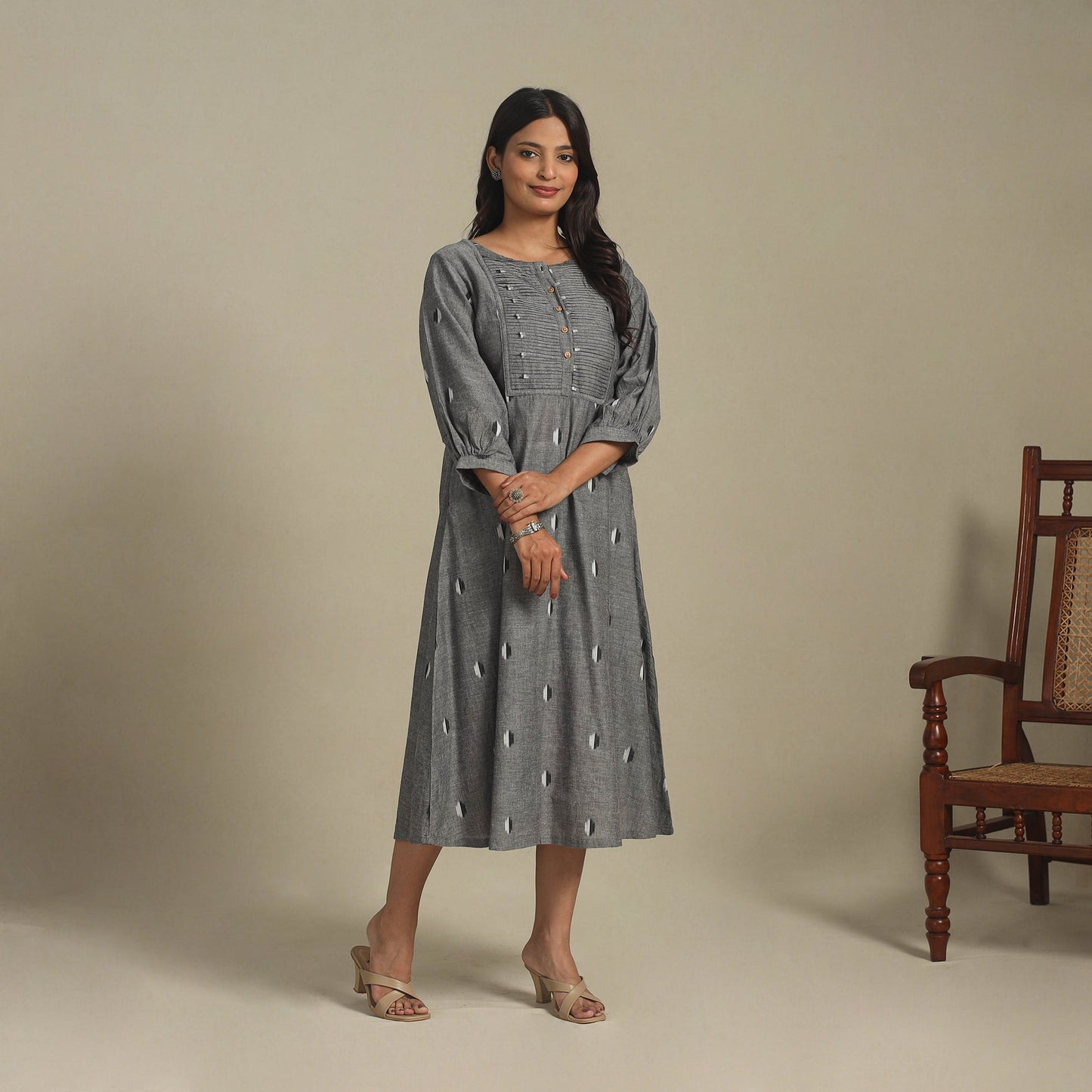 Grey - pintuck cotton jacquard dress 08 - handcrafted