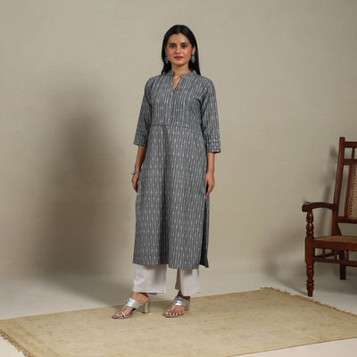 Grey - pintuck cotton straight pochampally ikat kurta 08