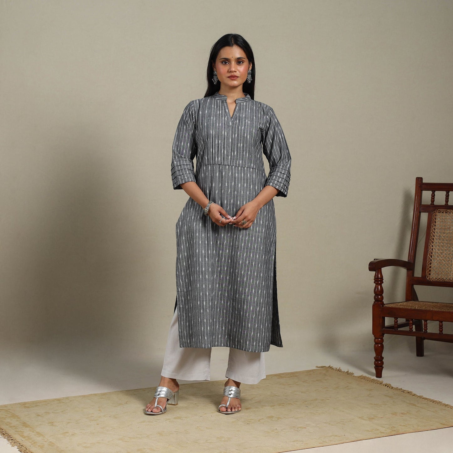 Grey - pintuck cotton straight pochampally ikat kurta 08
