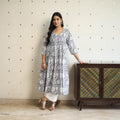 Buy Grey Pintuck Flared Cotton Block Print Sanganeri Kurta