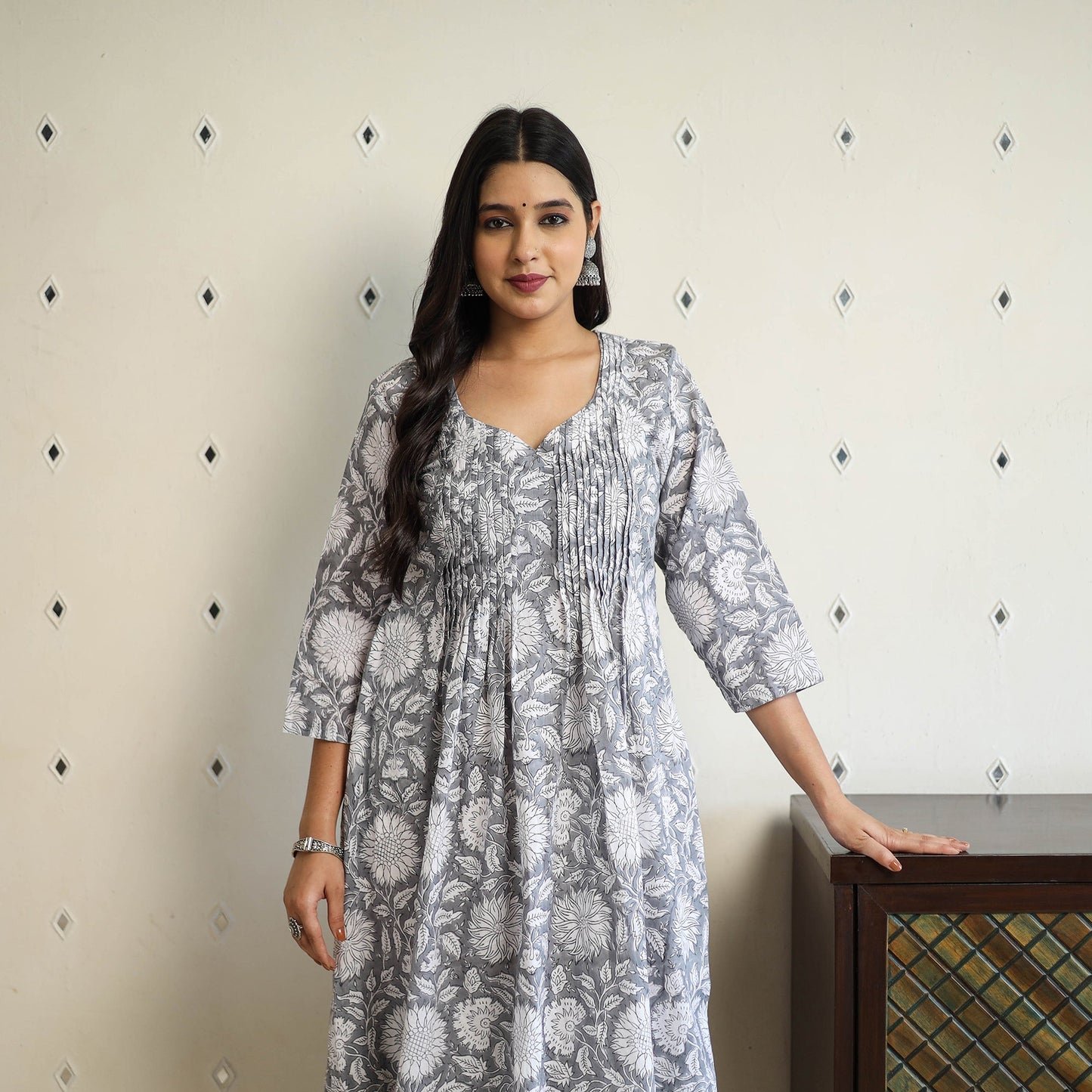 Buy Grey Pintuck Flared Cotton Block Print Sanganeri Kurta