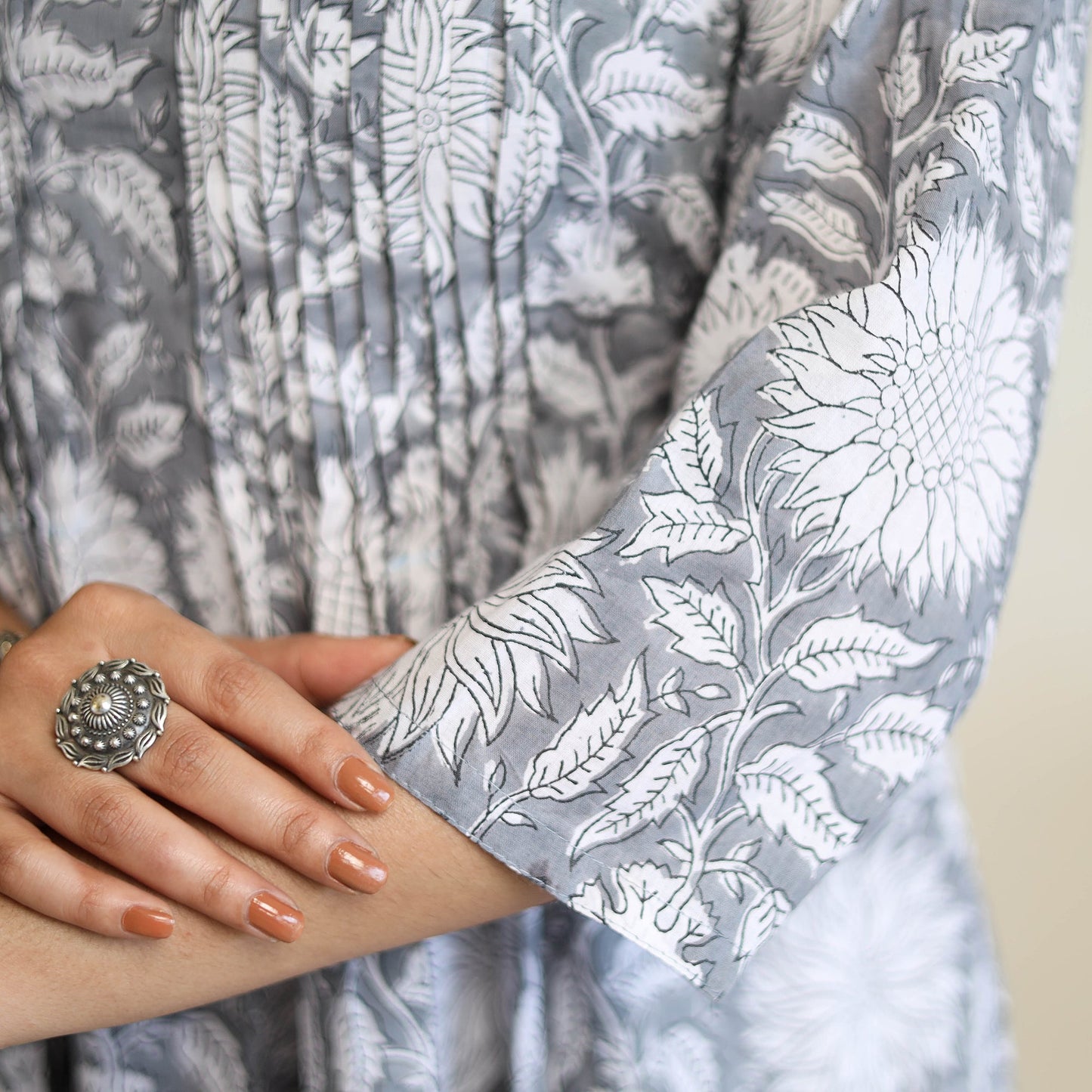 Buy Grey Pintuck Flared Cotton Block Print Sanganeri Kurta