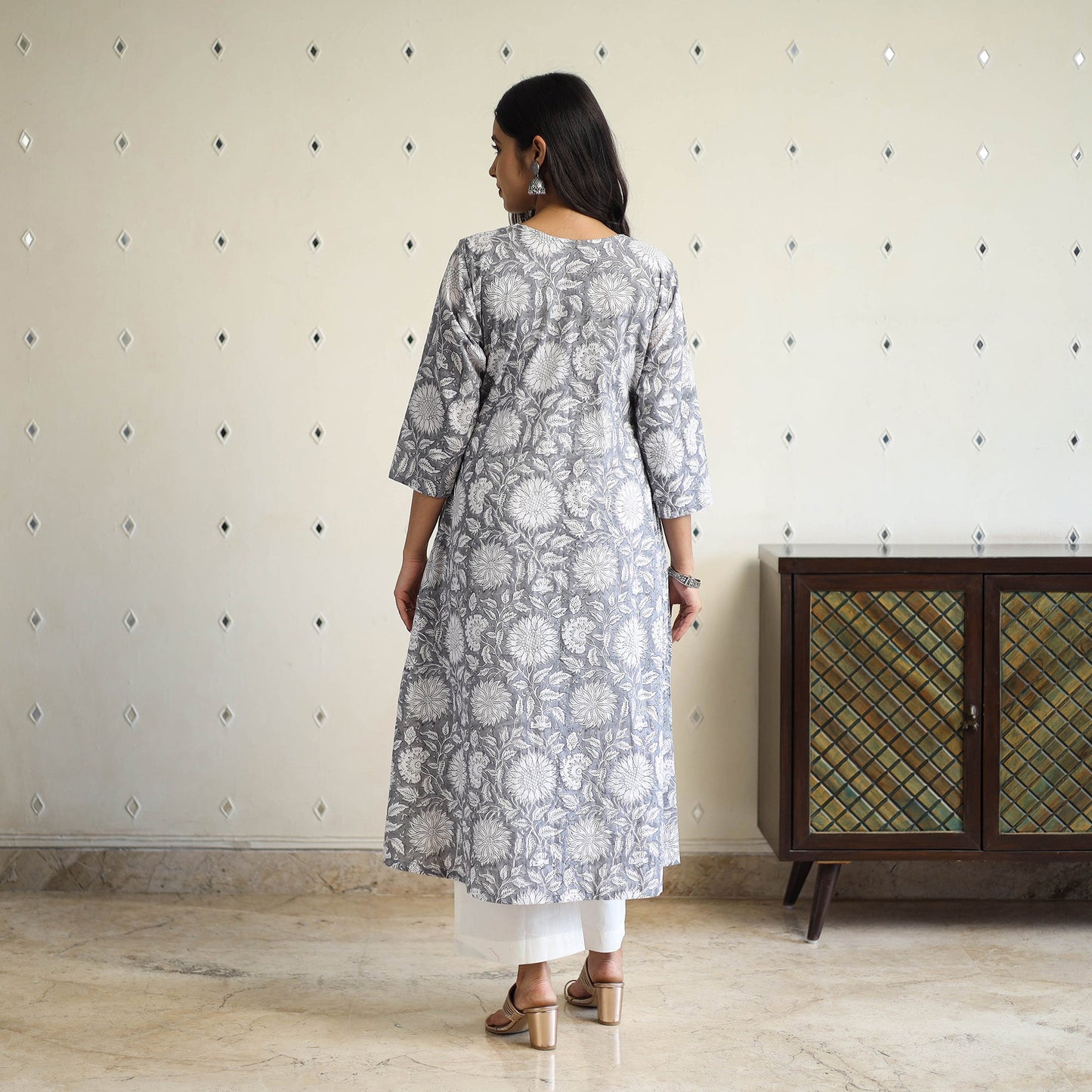 Buy Grey Pintuck Flared Cotton Block Print Sanganeri Kurta