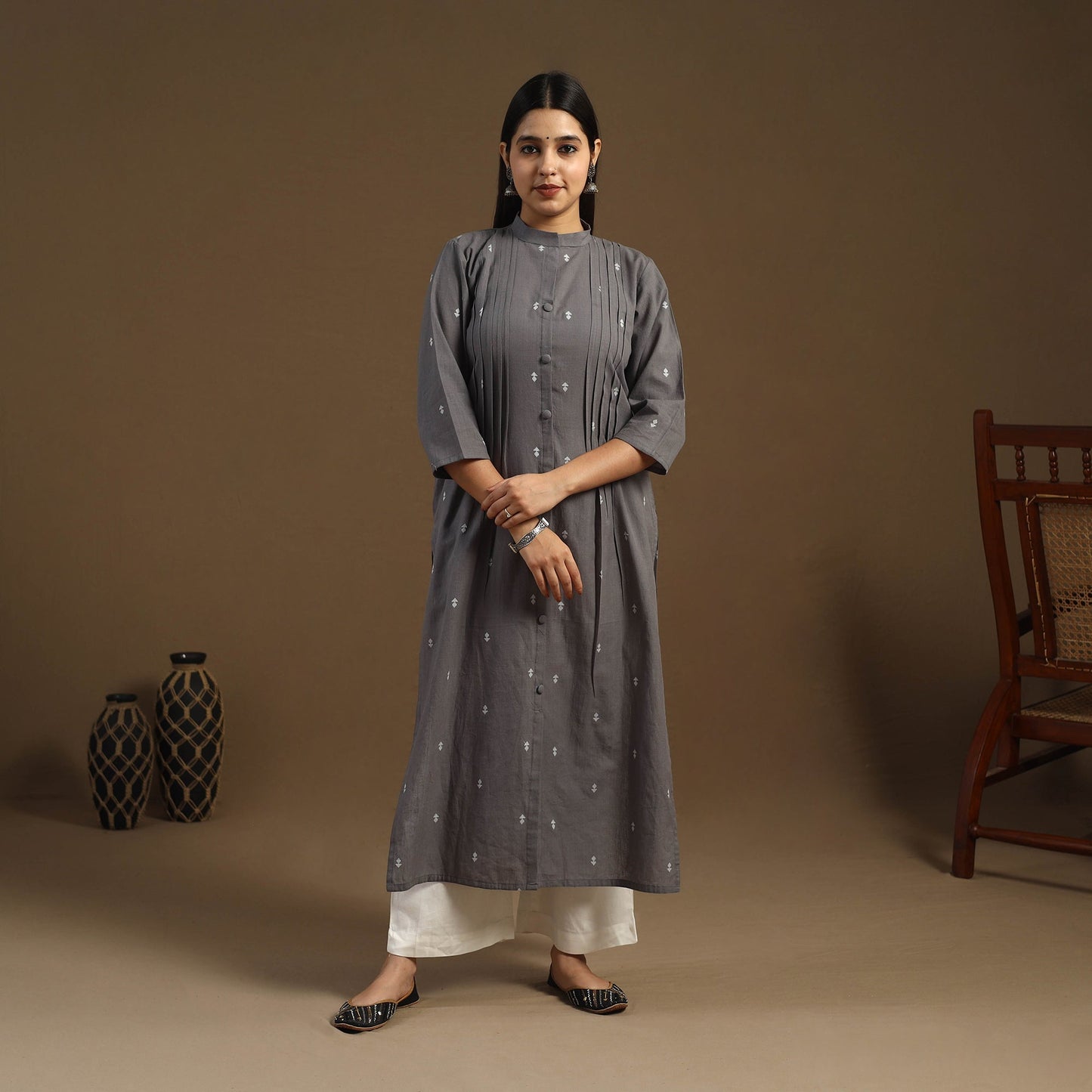  Pintuck Straight Cotton Jacquard Kurta for Women