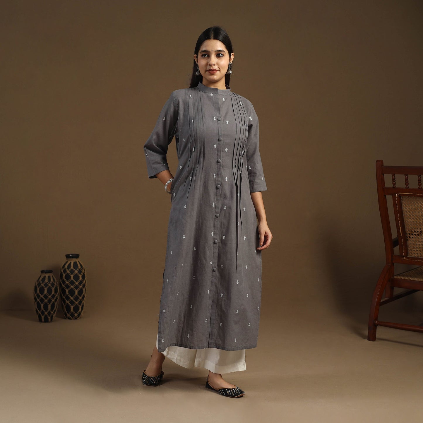  Pintuck Straight Cotton Jacquard Kurta for Women