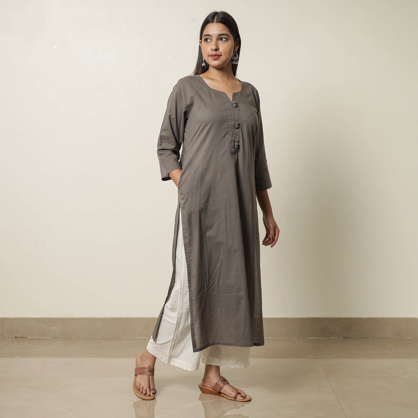 Grey - Plain Cotton Long Kurta 28