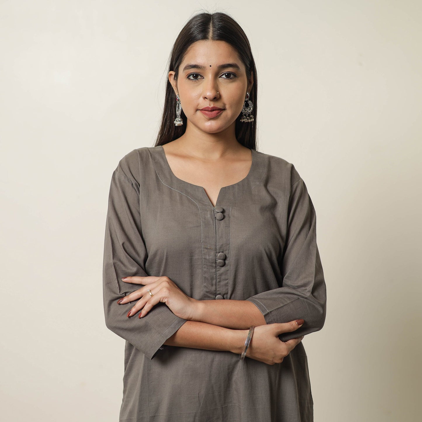 Grey - Plain Cotton Long Kurta 28
