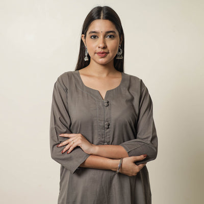 Grey - Plain Cotton Long Kurta 28
