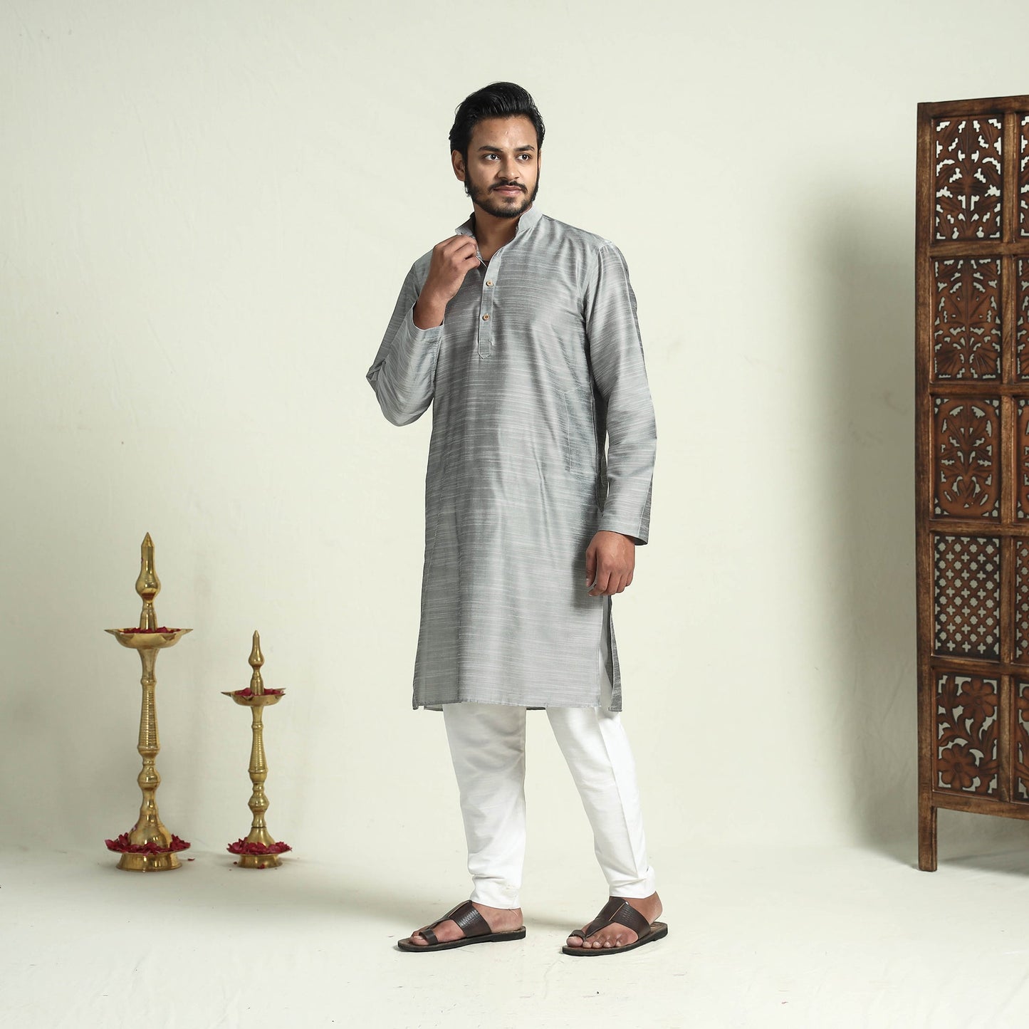 Buy Plain Dyed Slub Silk Men Long Kurta Online at iTokri.com
