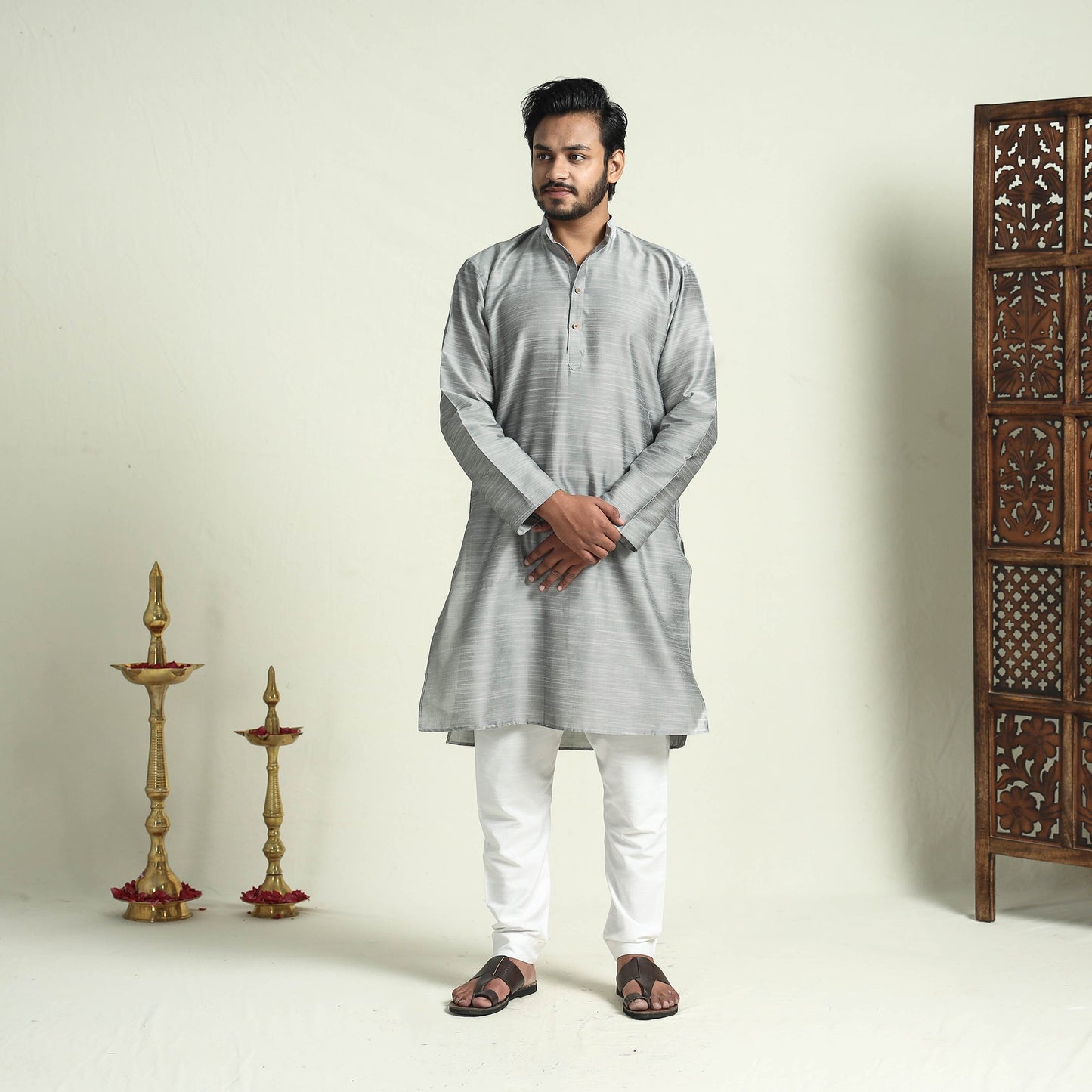 Buy Plain Dyed Slub Silk Men Long Kurta Online at iTokri.com