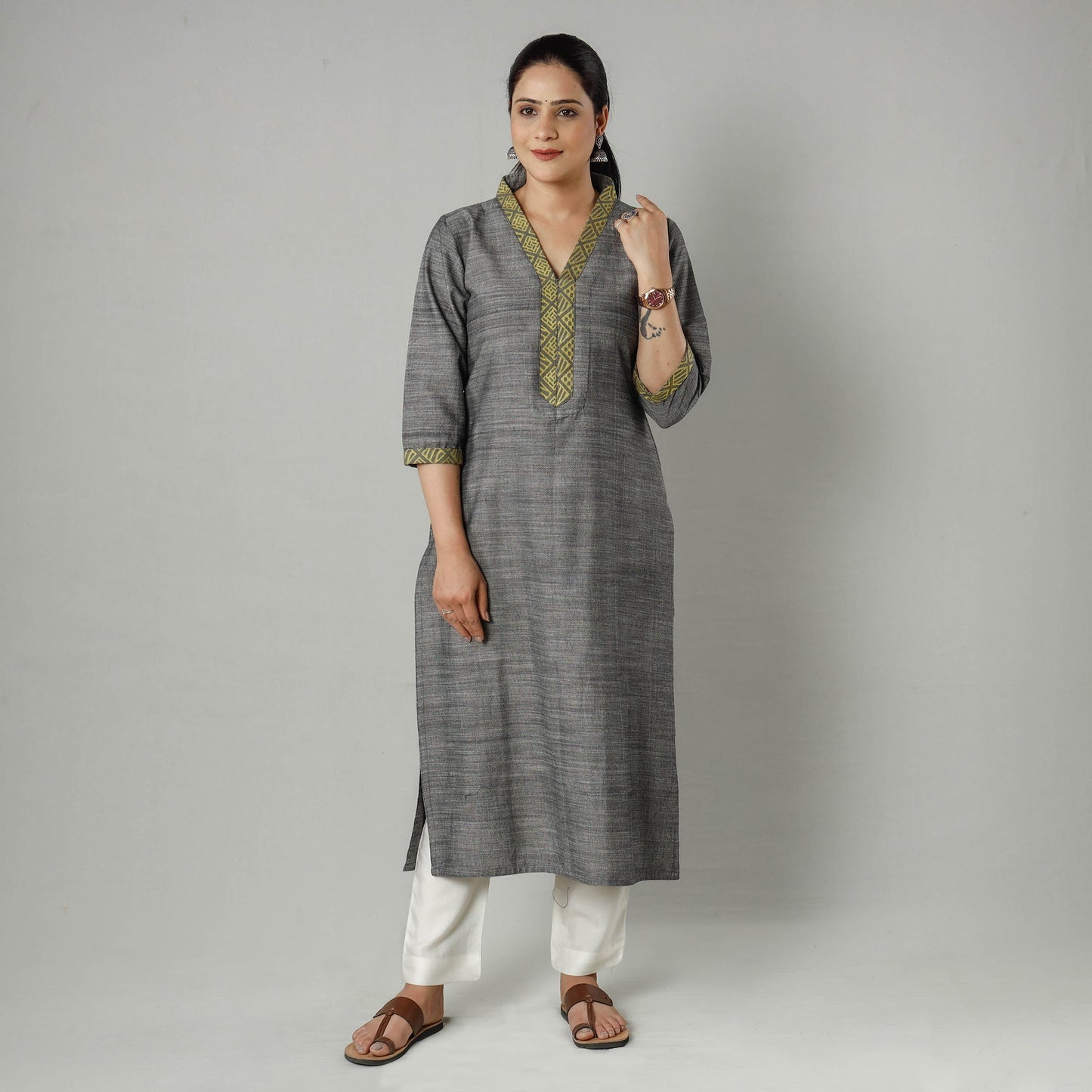  Plain Jhiri Handloom Cotton Long Kurta 