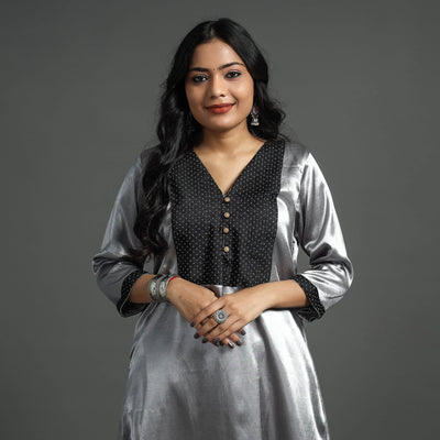 Buy Fiery Rose Pink Plain Mashru Silk with Patchwork Floral Kurta l iTokri.com