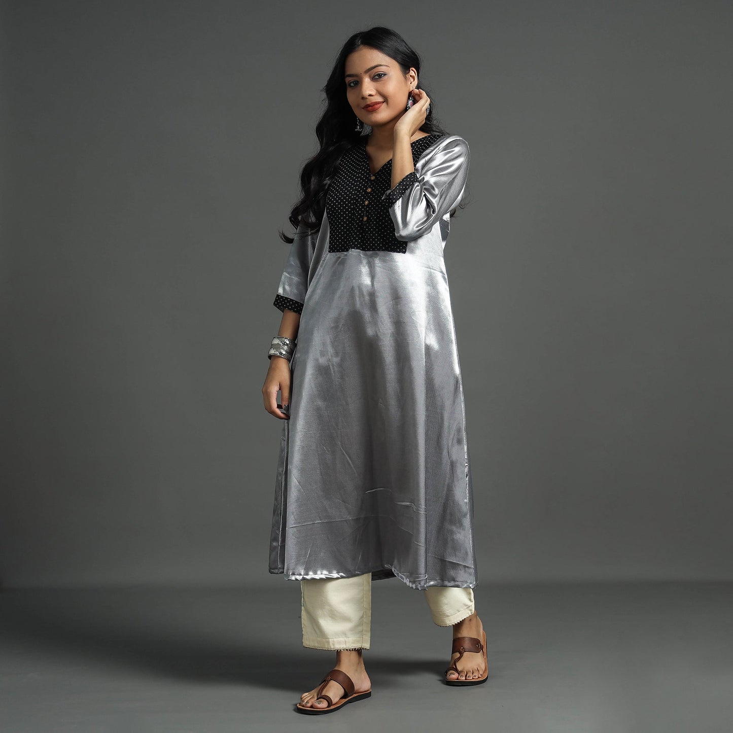 Buy Fiery Rose Pink Plain Mashru Silk with Patchwork Floral Kurta l iTokri.com