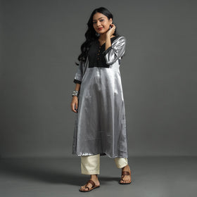 Buy Fiery Rose Pink Plain Mashru Silk with Patchwork Floral Kurta l iTokri.com