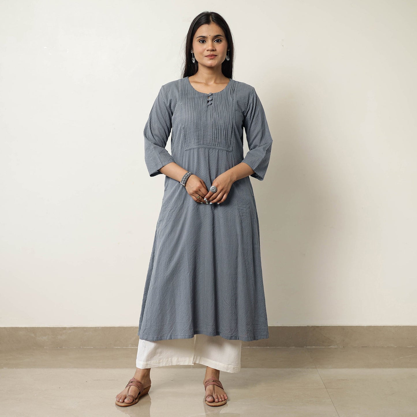  Plain Running Stitch Cotton Pintuck Long Kurta 41 Online at iTokri.com
