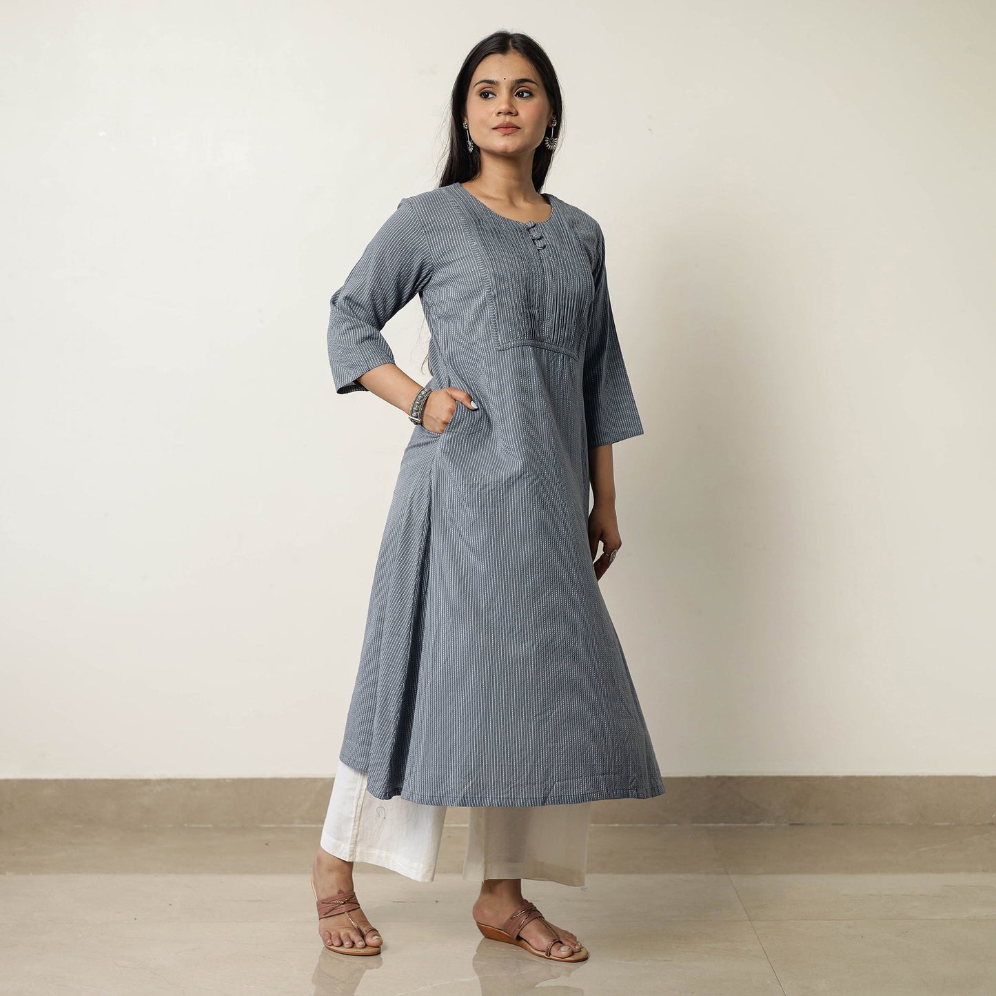  Plain Running Stitch Cotton Pintuck Long Kurta 41 Online at iTokri.com