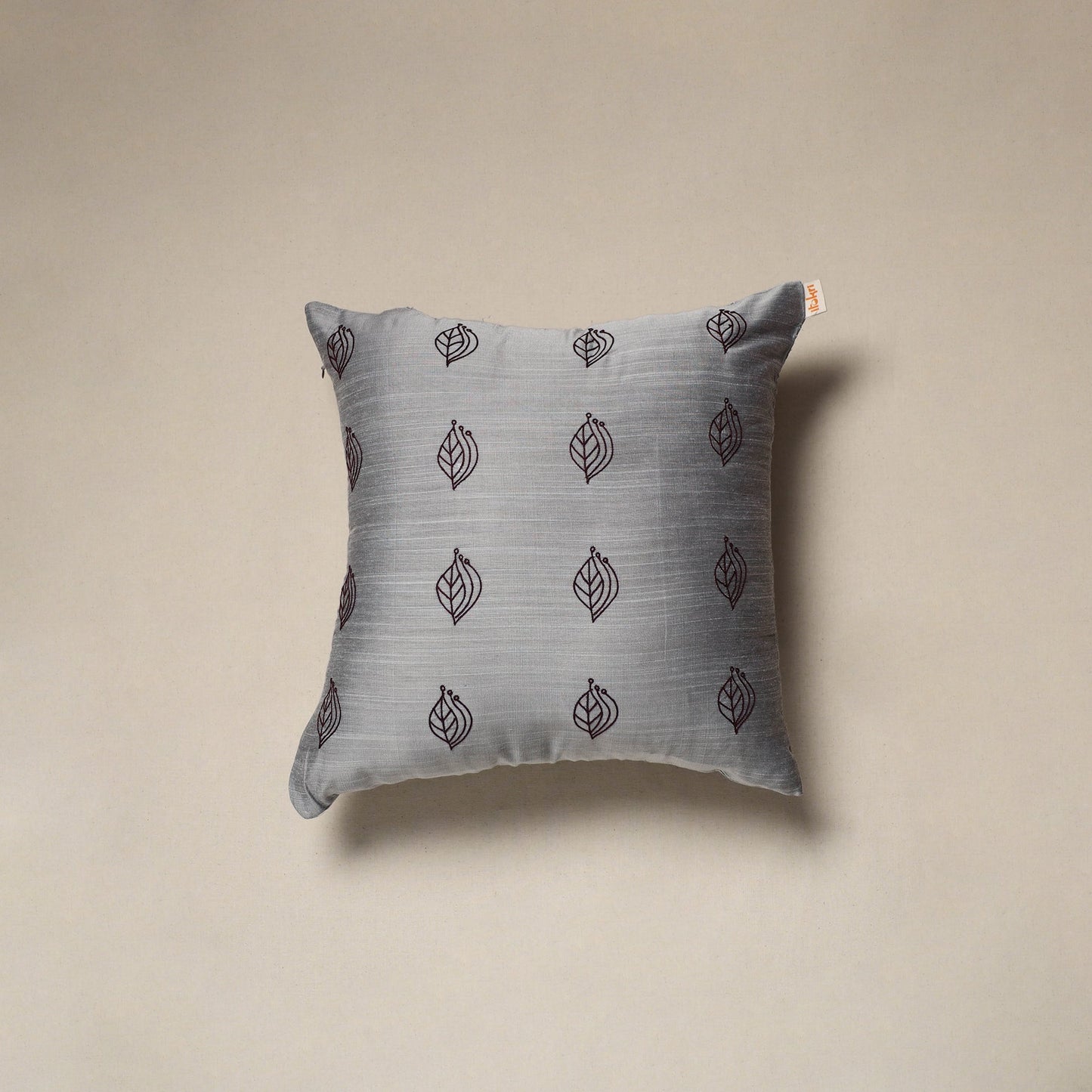 Grey - plain slub silk hand embroidered cushion cover 05