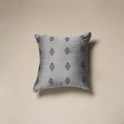 Grey - plain slub silk hand embroidered cushion cover 05