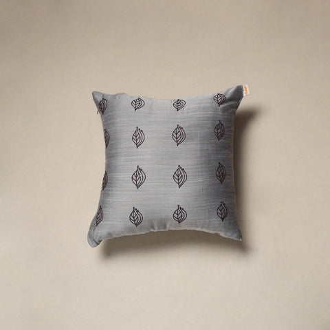 Grey - plain slub silk hand embroidered cushion cover 05