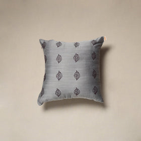Grey - plain slub silk hand embroidered cushion cover 05