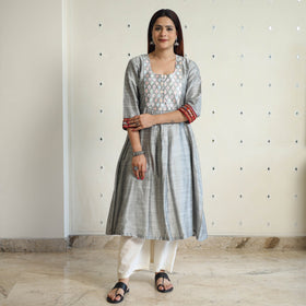  Plain Slub Silk Long A-Line Kurta with Ikat Patchwork 18 