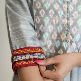  Plain Slub Silk Long A-Line Kurta with Ikat Patchwork 18 