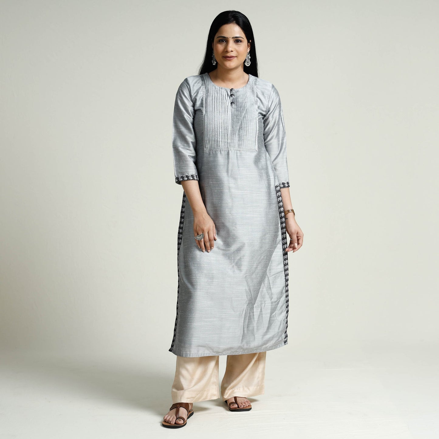  Plain Silk Pintuck Long Kurta for Women