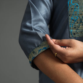 Grey - Plain Tussar Silk Handloom Banarasi Patchwork Straight Kurta