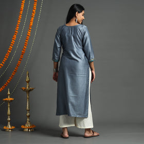 Grey - Plain Tussar Silk Handloom Banarasi Patchwork Straight Kurta
