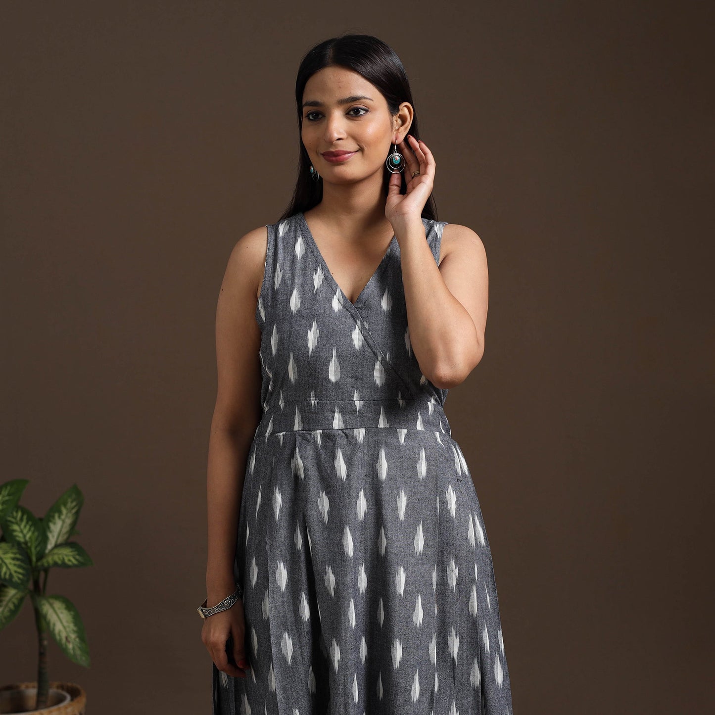 Grey Pochampally Ikat Cotton Flared Dress for Women