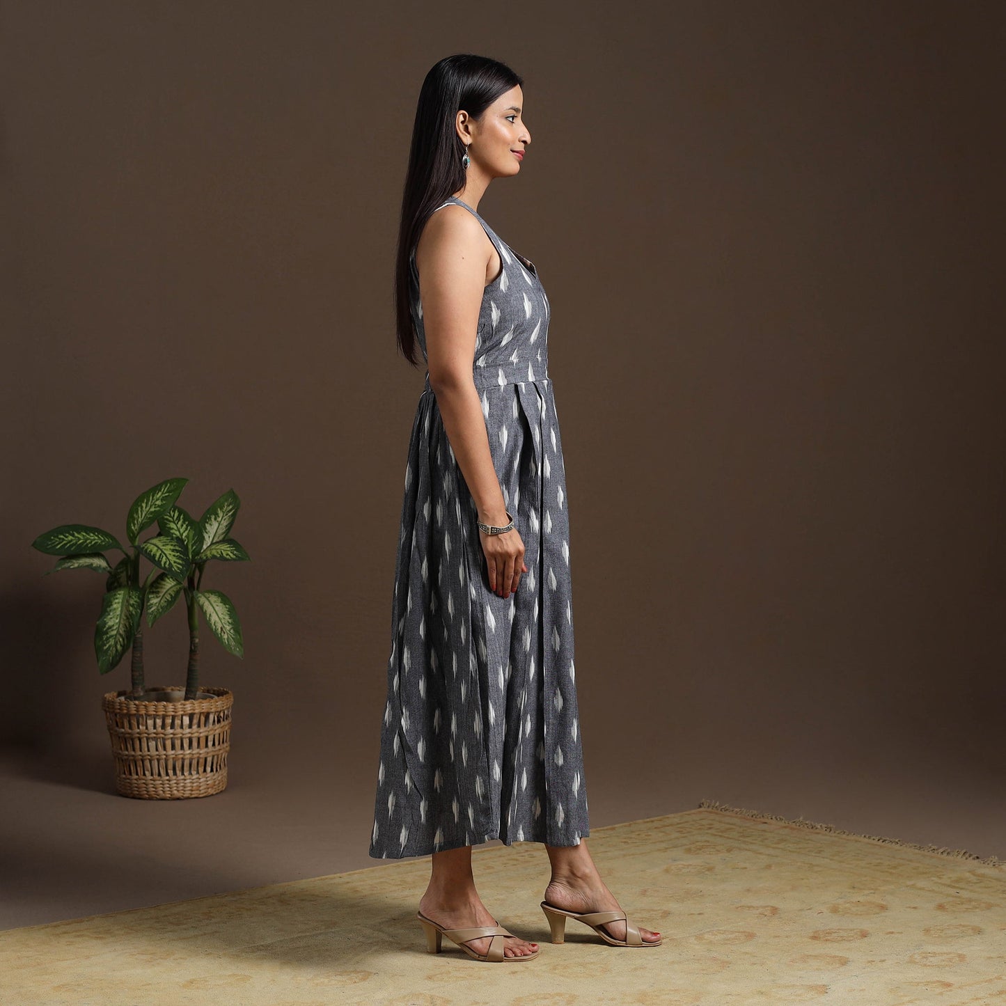 Grey Pochampally Ikat Cotton Flared Dress for Women