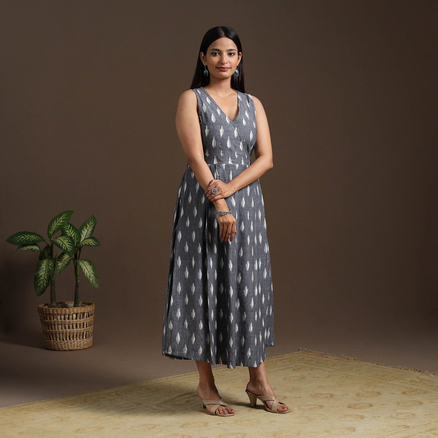 Grey Pochampally Ikat Cotton Flared Dress for Women