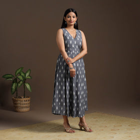 Grey Pochampally Ikat Cotton Flared Dress for Women