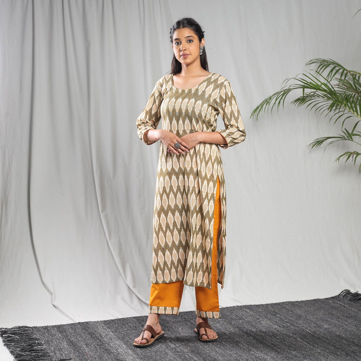 Pochampally ikat cotton kurta with palazzo & dupatta set