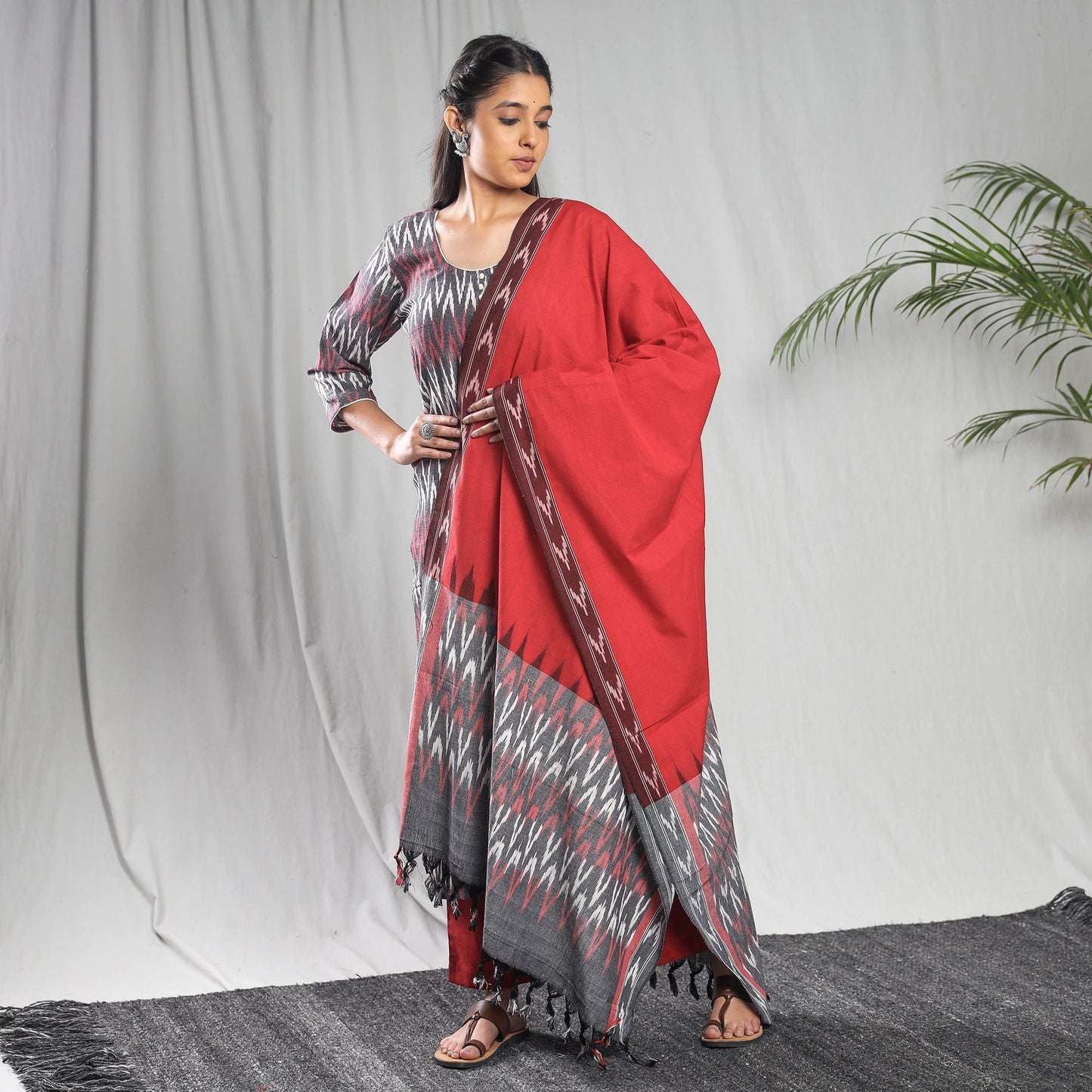 Buy Pochampally Ikat Weave Cotton Kurta with Palazzo & Dupatta Set Online l iTokri.com