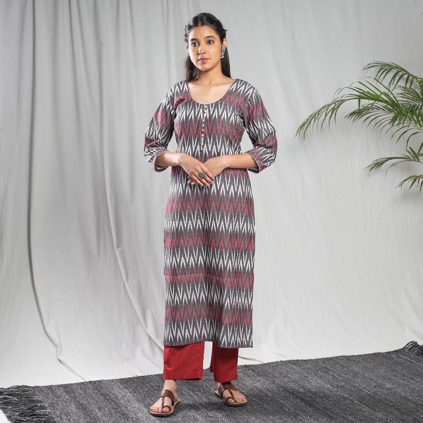 Buy Pochampally Ikat Weave Cotton Kurta with Palazzo & Dupatta Set Online l iTokri.com