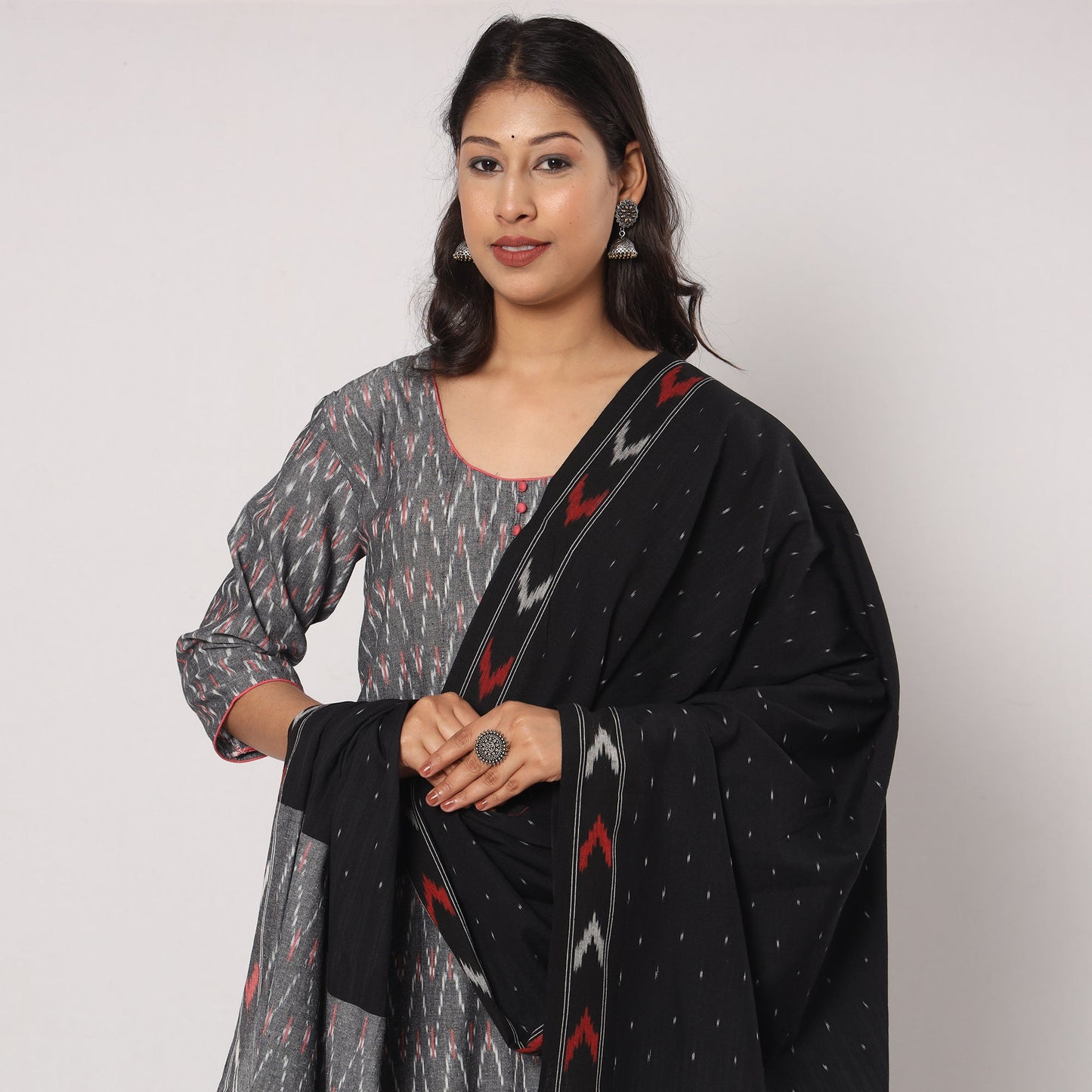  Pochampally Ikat Weave Cotton Kurta with Palazzo & Dupatta Set 