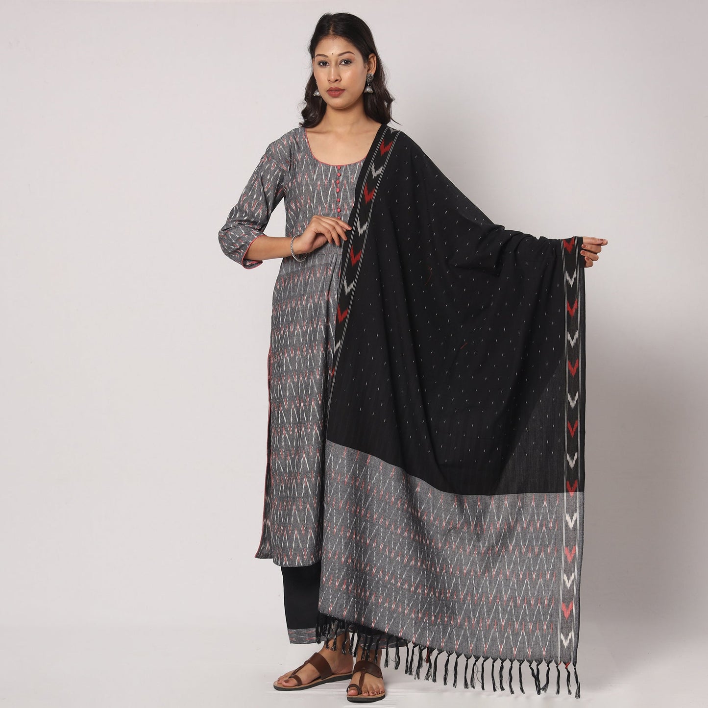  Pochampally Ikat Weave Cotton Kurta with Palazzo & Dupatta Set 