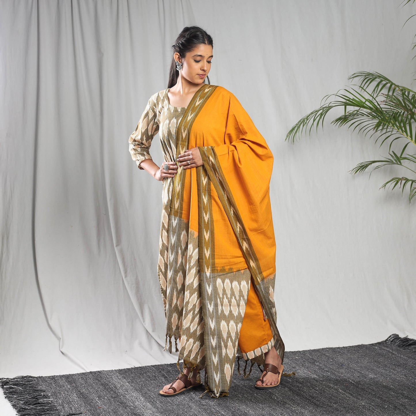 Pochampally ikat cotton kurta with palazzo & dupatta set