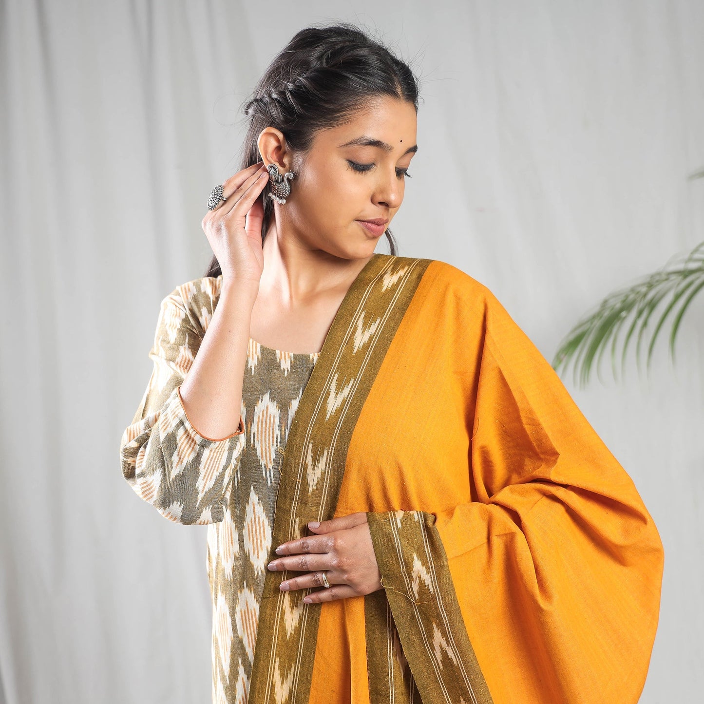 Pochampally ikat cotton kurta with palazzo & dupatta set