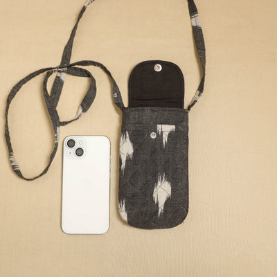 Grey Pochampally Ikat Cotton Sling Mobile Pouch
