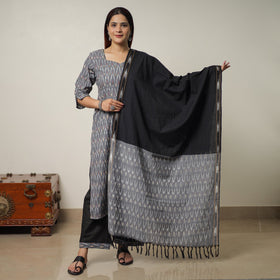  Pochampally Ikat Weave Cotton Kurta with Palazzo & Dupatta Set 01 