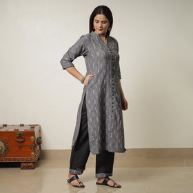  Pochampally Ikat Weave Cotton Kurta with Palazzo & Dupatta Set 01 