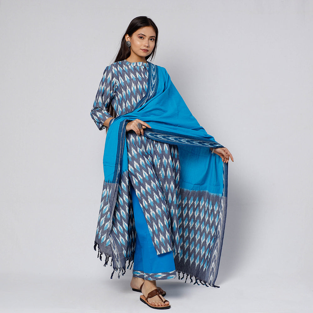 Pochampally ikat weave cotton kurta with palazzo & dupatta