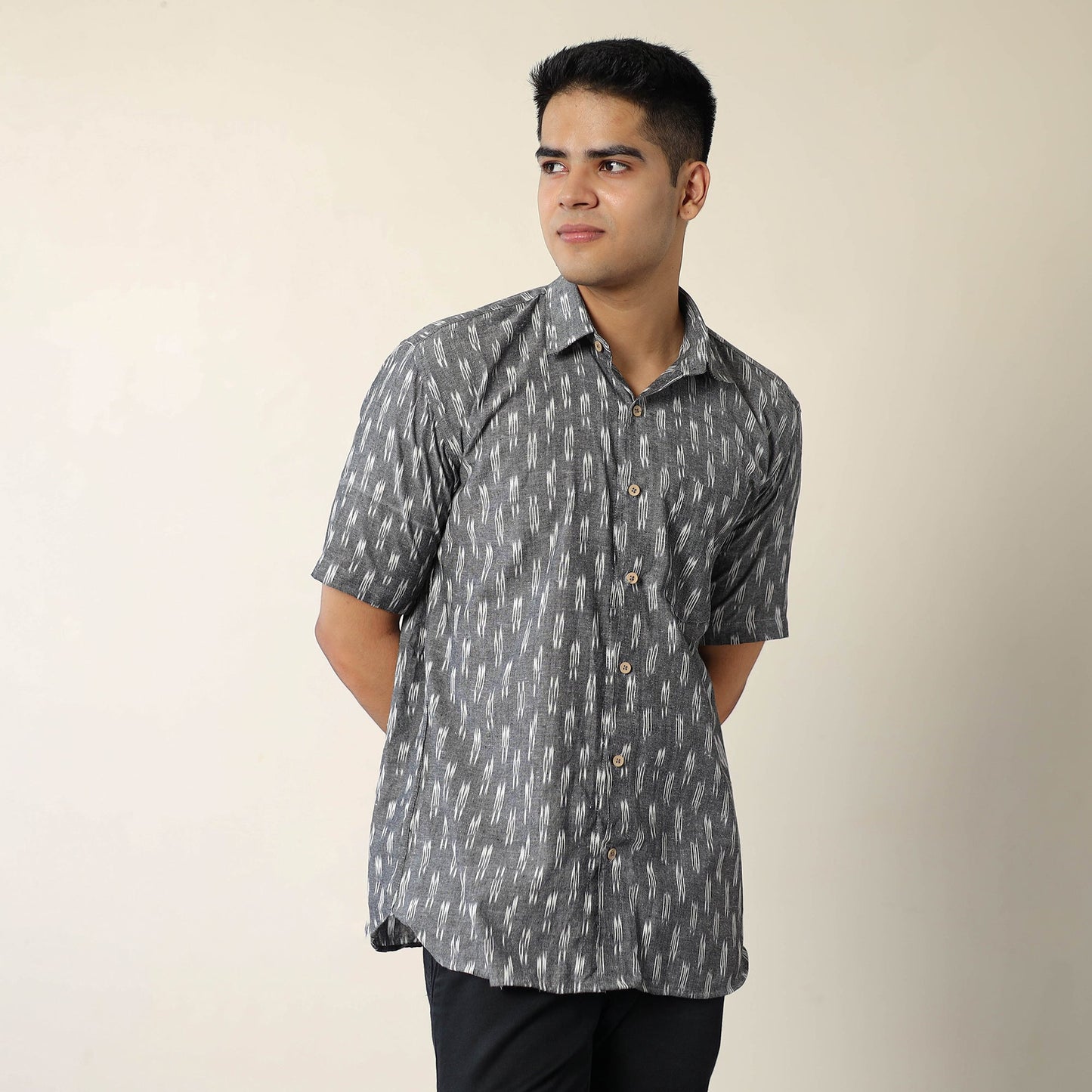 Grey - pochampally ikat weave cotton men half sleeve shirt