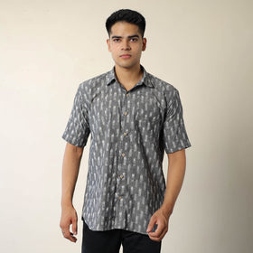 Grey - pochampally ikat weave cotton men half sleeve shirt