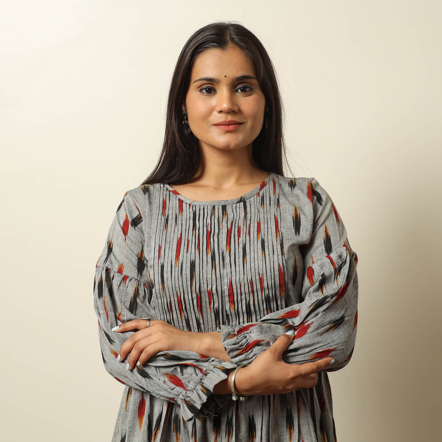 Grey - pochampally ikat weave cotton pintuck flared dress