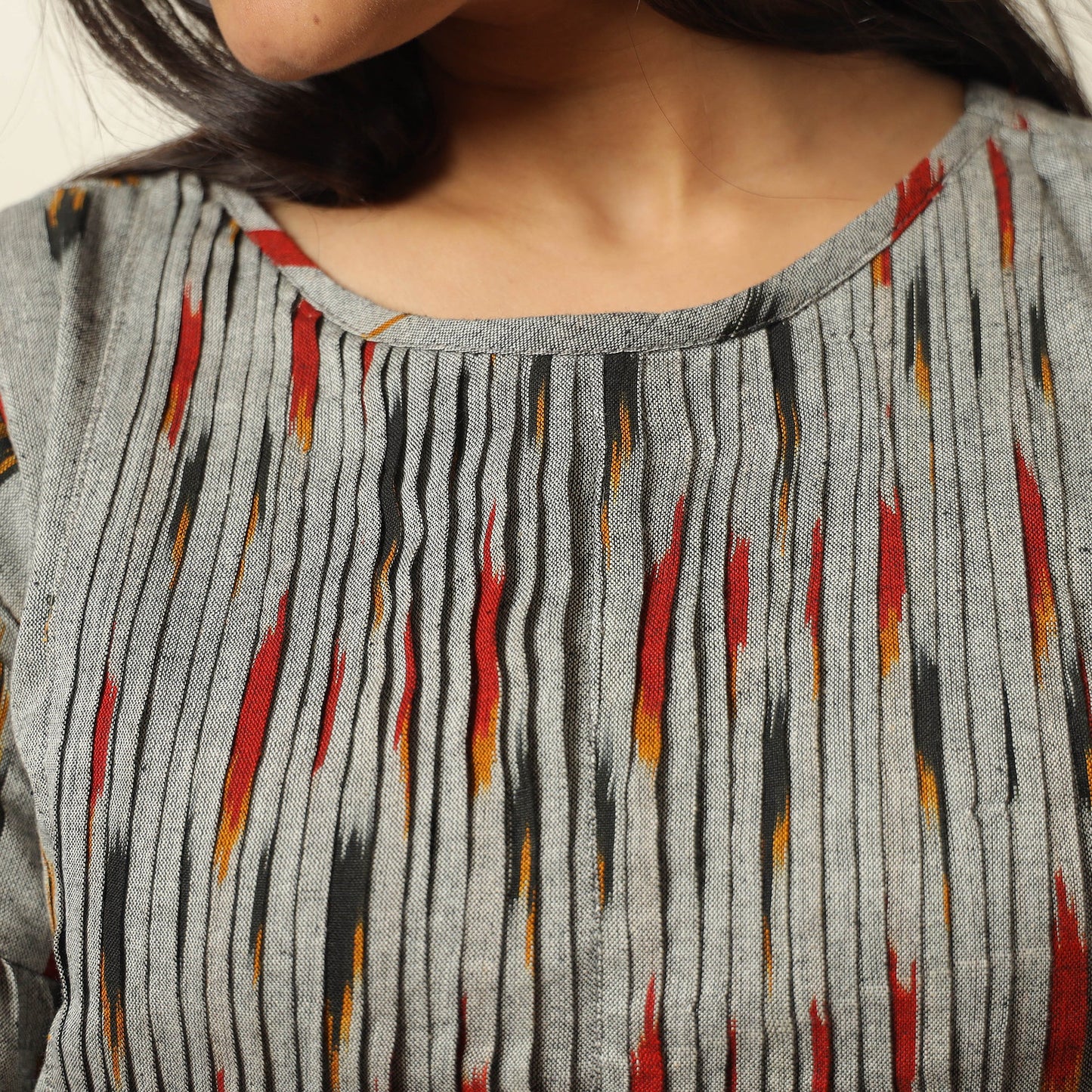 Grey - pochampally ikat weave cotton pintuck flared dress