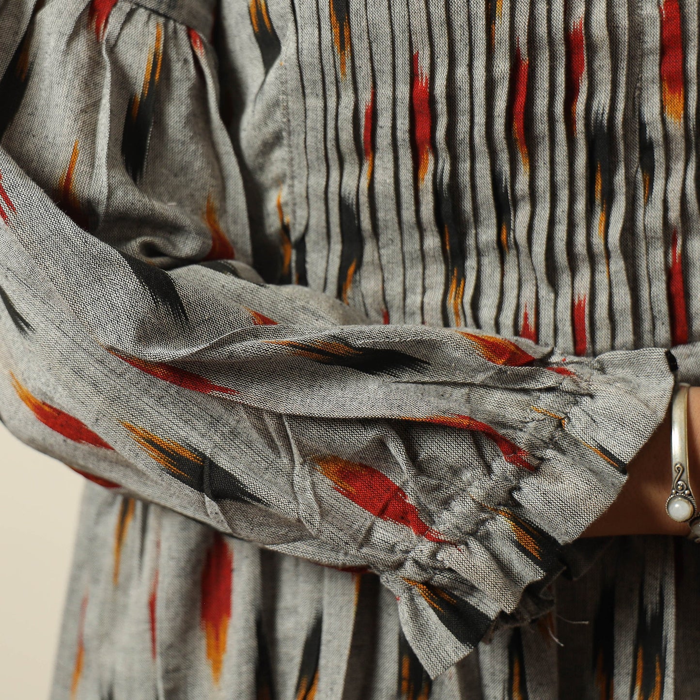 Grey - pochampally ikat weave cotton pintuck flared dress