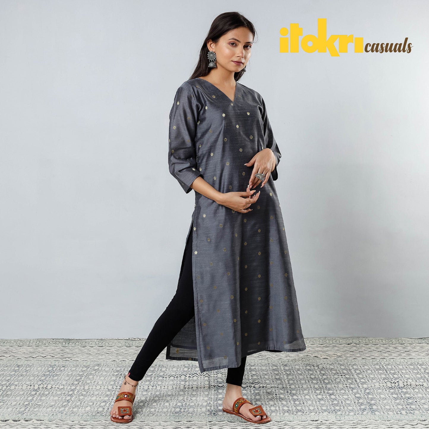 Buy Polka Zari Butta Spun Dupion Silk Long Kurta for Women